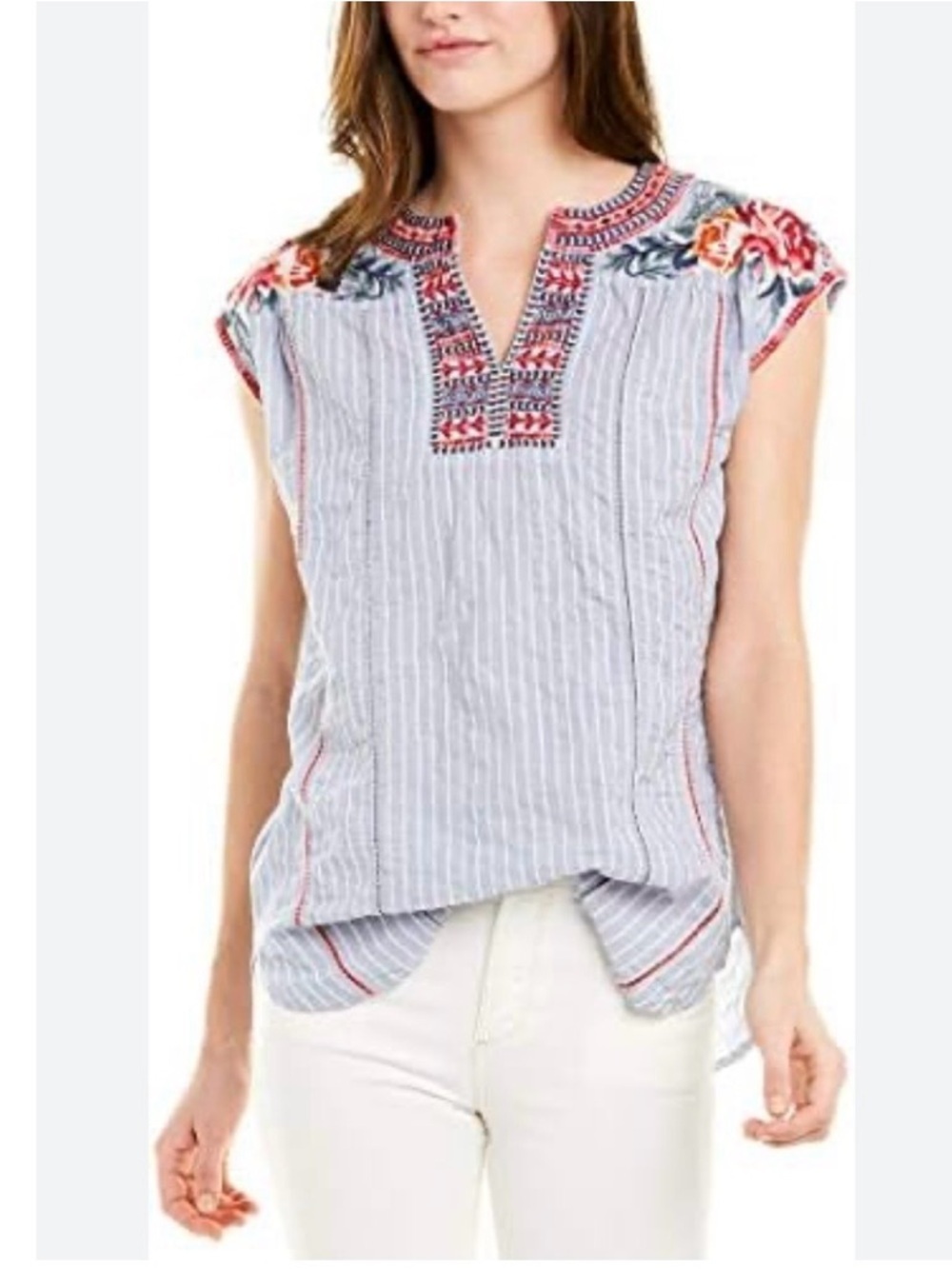 Johnny Was workshop Blue Striped Embroidered Split-Neck Top sz small